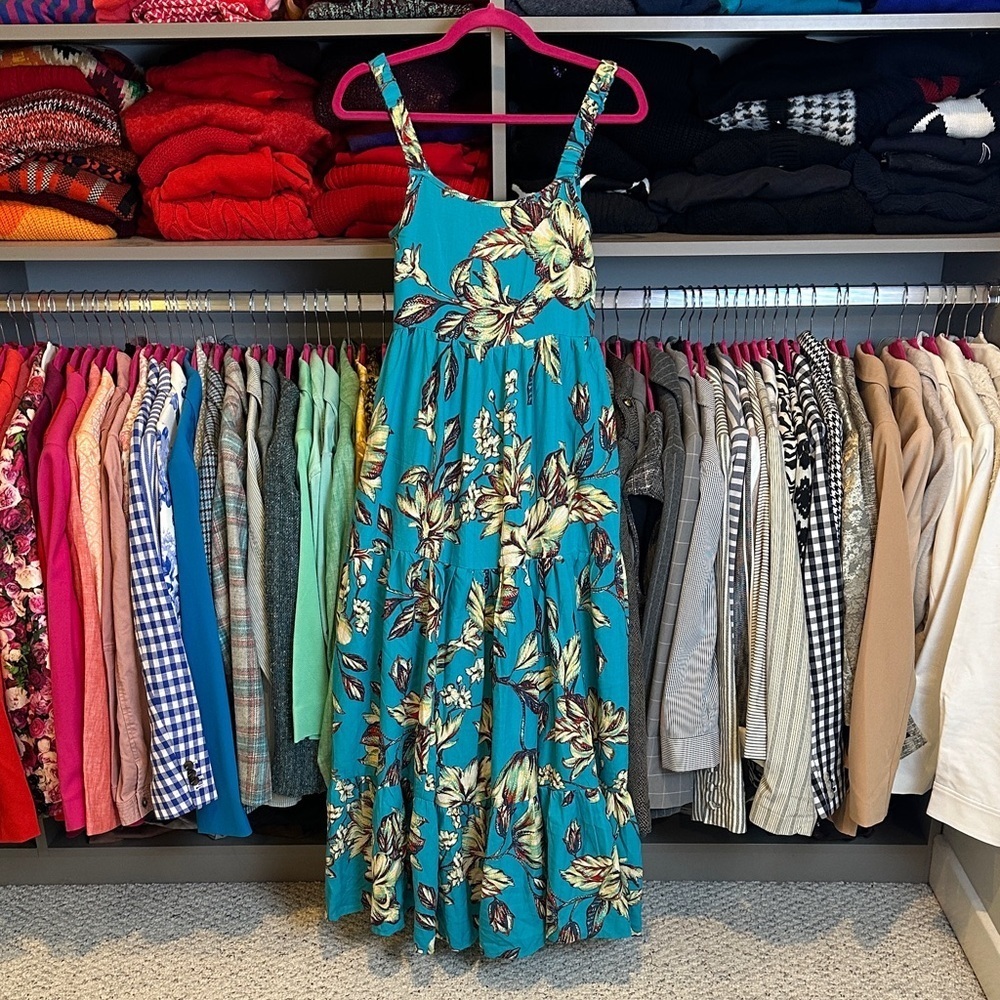 Band of the Free turquoise/yellow floral elastic strap tie back maxi dress XS